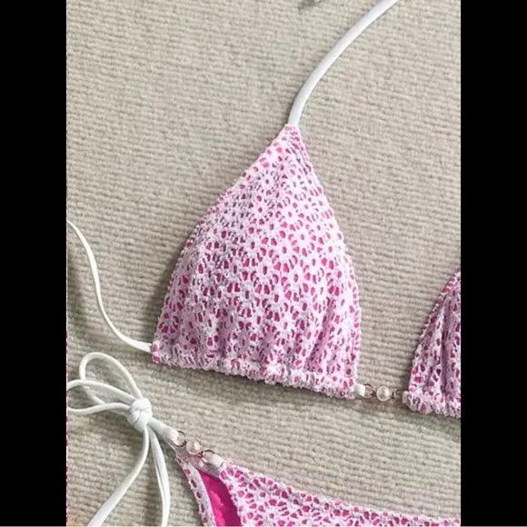 Pink & White, Knit Lined, Bikini Set - Picture 4 of 7